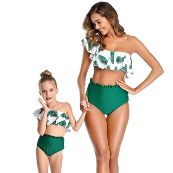 

2020 Family matching mother daughter one shoulder bikini set ruffles swimsuit 2 piece high waist swimwear for womens/baby girls