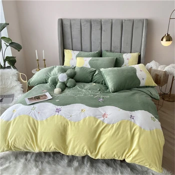 

Flannel Sunflower Embroidery Bedding Set 4pcs Autumn Winter Fleece Quilt Duvet Cover Sheet Pillowcase Contrast Color Splice