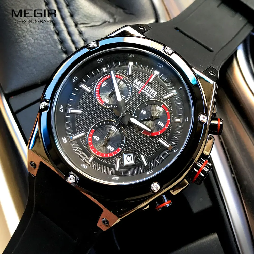 Megir Men Black Silicone Sports Quartz Wrist Watches Luminous 