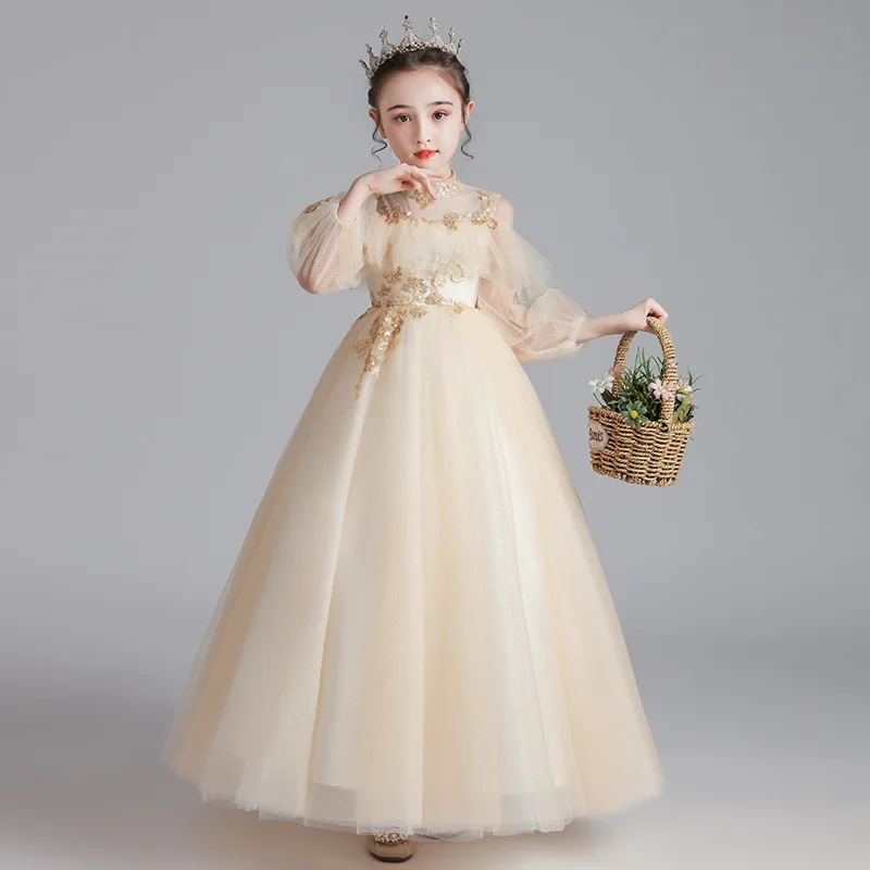 

Kids Girls Champagne Exquisite Sequins Tulle Dresses Girls Party Long Prom Gowns Dresses for Children Clothing