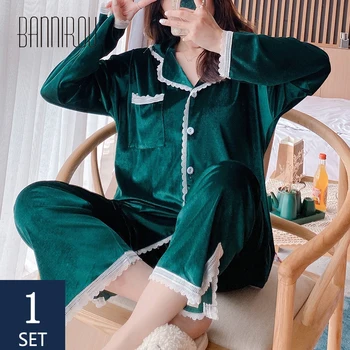 

BANNIROU Women's Velvet Lace Home Clothes Set Winter Pajamas Soft Home Wear Suits Female Pajamas Cute Comfortable Sleepwear 2020