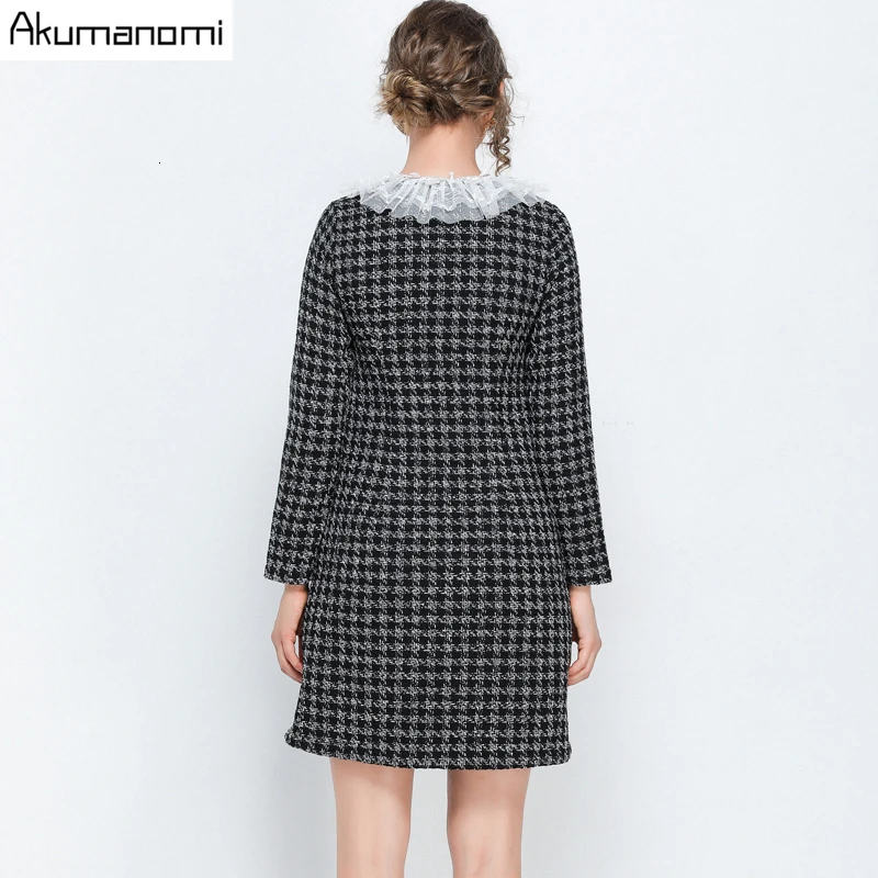 Платье в клетку размера плюс, осень-весна, 5xl-L, твид, длинный рукав, черное, повседневное, элегантное, прямое, женское платье с белым воротником