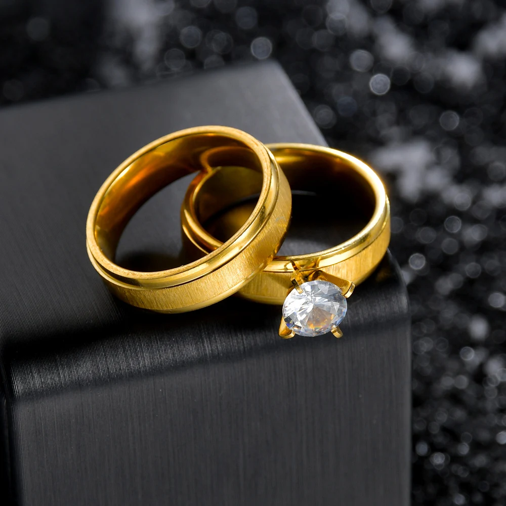 Anillo de boda de acero inoxidable para hombre y Mujer, de de compromiso para parejas, Color dorado, cristal para amantes - AliExpress Joyería y accesorios