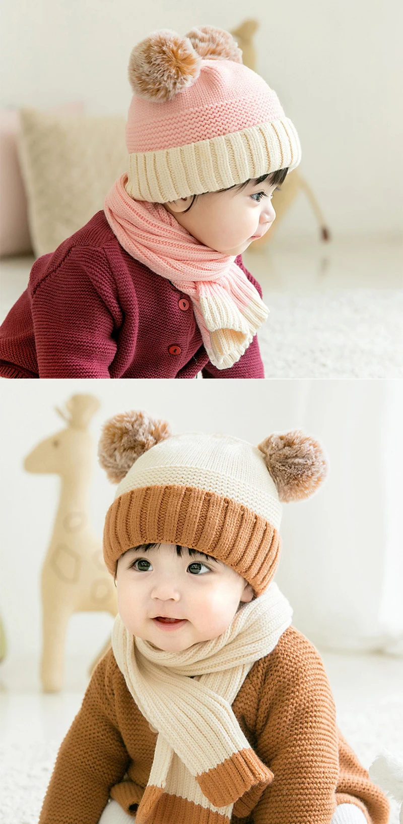 Hylidge, реквизит для фотографий, зимняя детская шапка с помпоном, шапка и шарф для мальчика, вязаная детская шапочка и шарф, комплект, Толстая теплая шапка для снежной погоды, Детские аксессуары