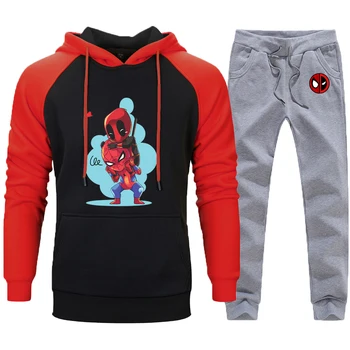 

Mens Spiderman Deadpool Cartoon A Set Of Clothes 2020 Winter Autumn Fashion Hoodie Raglan Sleeve Fleece Hoodies Harajuku Hoody