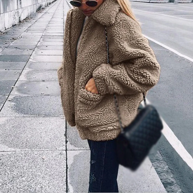 

Plus Size fleece jacket Faux Shearling Fur Jacket Coat women New Long Sleeve Lapel Pocket Zipper Solid Color Casual Overcoat