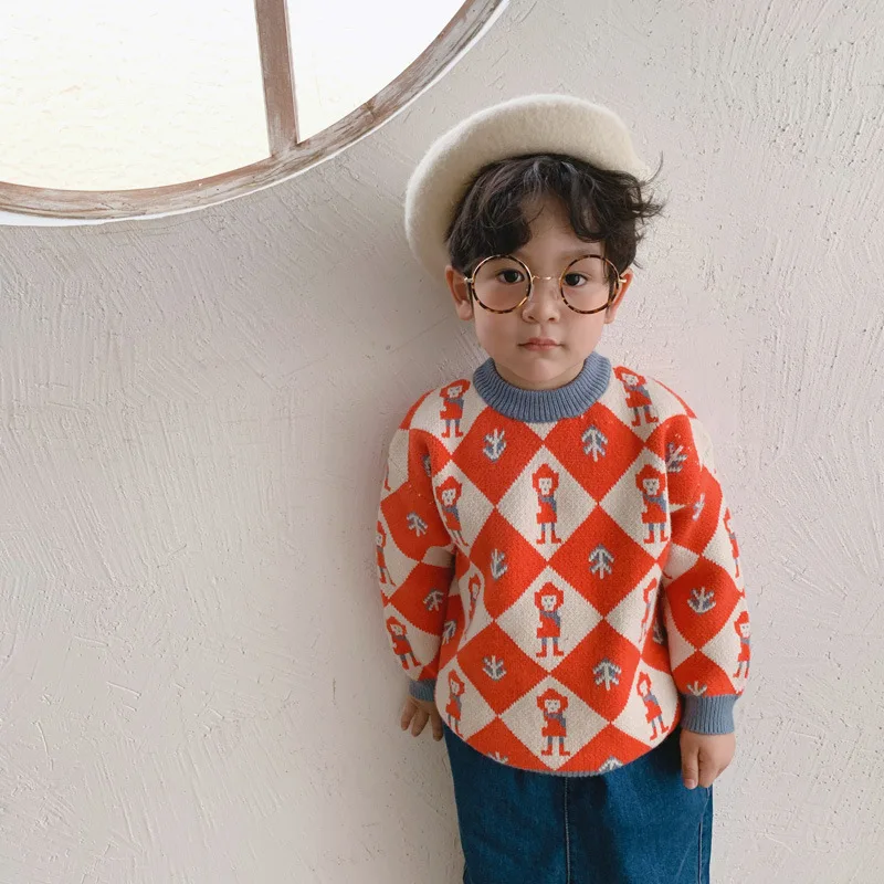 

Childrenswear Winter Chinese New Year Festive Red Korean-style Kids' Sweater Thick BOY'S Rat Cartoon Rhombus Cashmere Sweater