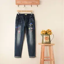 Женские джинсы больших размеров, уличная одежда, потертые джинсовые шаровары с вышивкой, свободные тонкие девять рваных брюк, джинсы для женщин