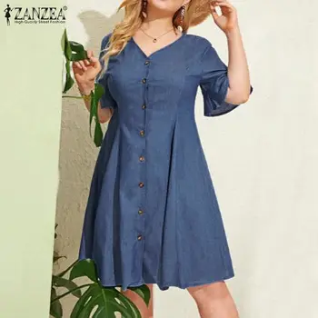 

2020 Plus Size ZANZEA Summer Shirt Dress Women Casual V Neck Short Sleeve Denim Blue Party Short Vestidos Sundress Female Robe 7