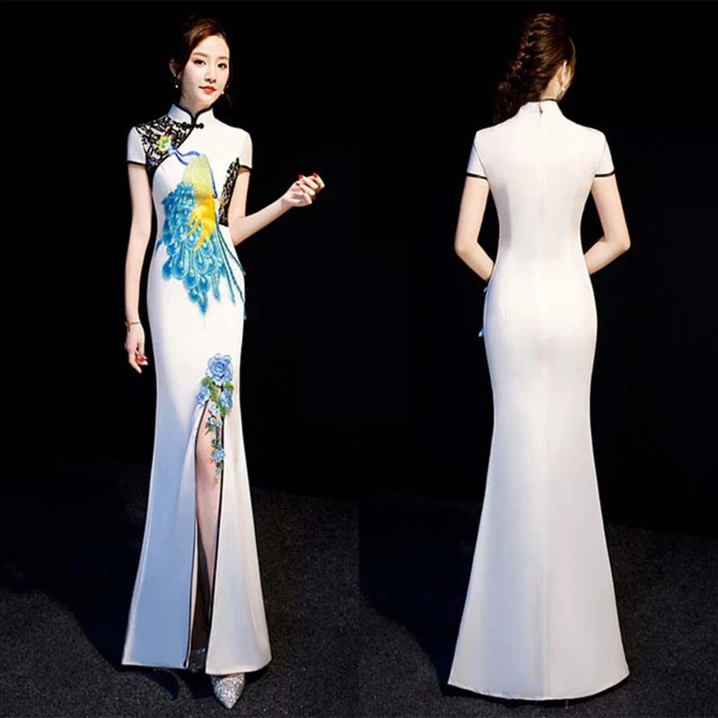 Подиум шоу хор cheongsam рыбий хвост юбка среднего возраста и пожилых команда сцена ведущий был тонкий Ципао для банкета вечернее платье - Цвет: white