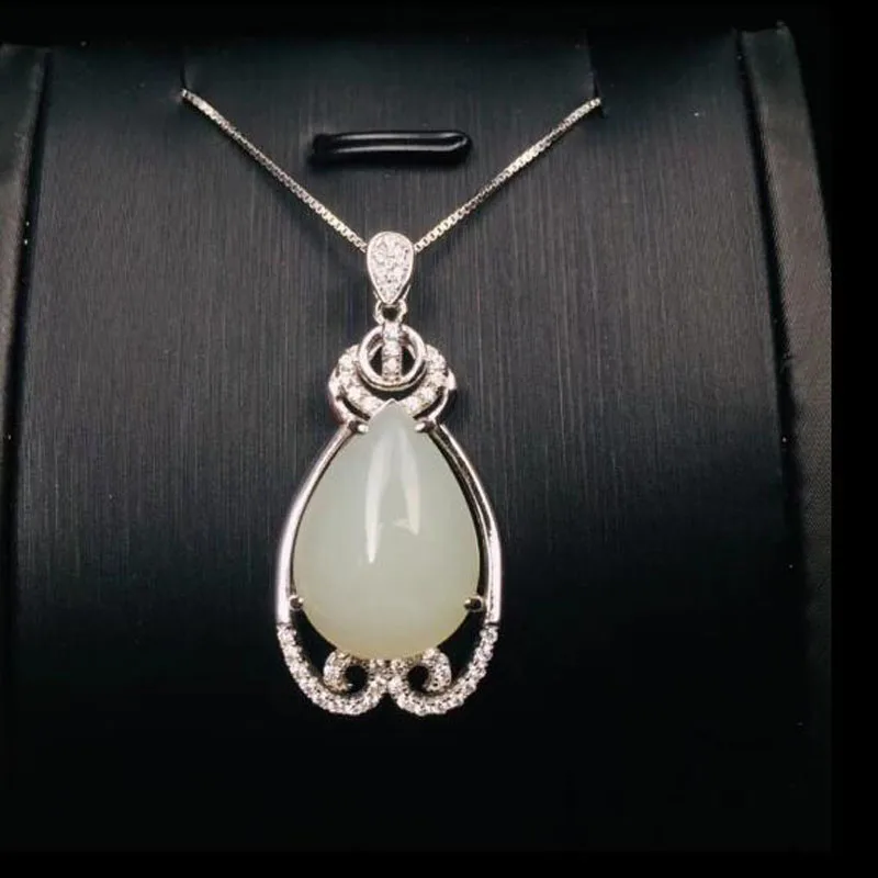 Natural Hetian White Jade Inaly Zircon Water Drop Pendant Jewelry 925 Sterling Silver Necklace Pendant Fine Jewelry