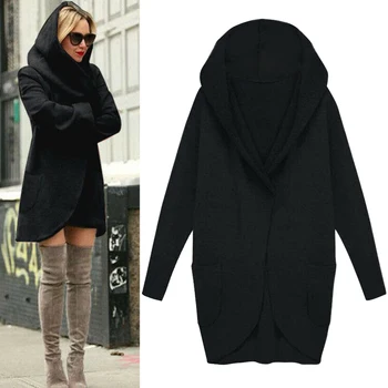 

Pullover Solid Soft Warm Outwear Women Coat Long Autumn Winter Hooded Elegant With Pockets Artificial Wool Loose Casual
