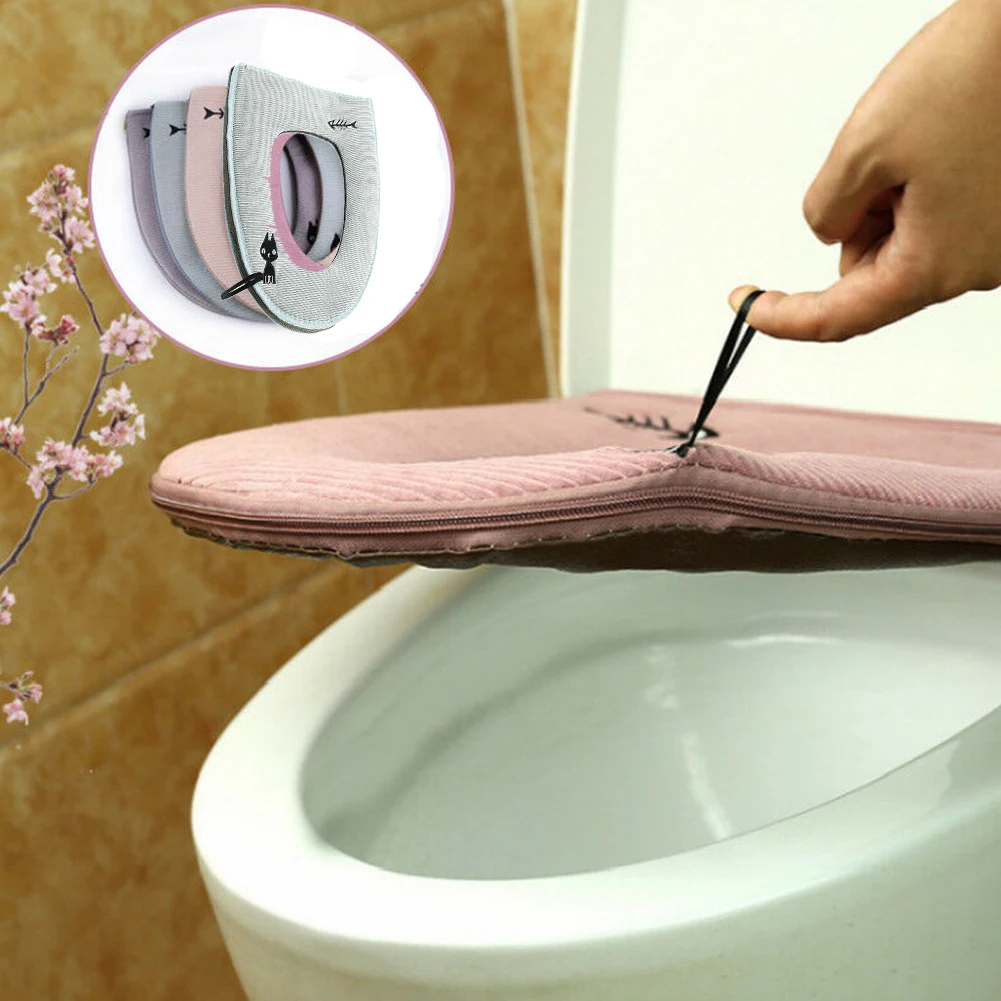 Warm Soft Comfortable Washable Bathroom Cushion Closestool Toilet Seat Cover Zipper Pad Cute Cat Waterproof Mat Cartoon Home