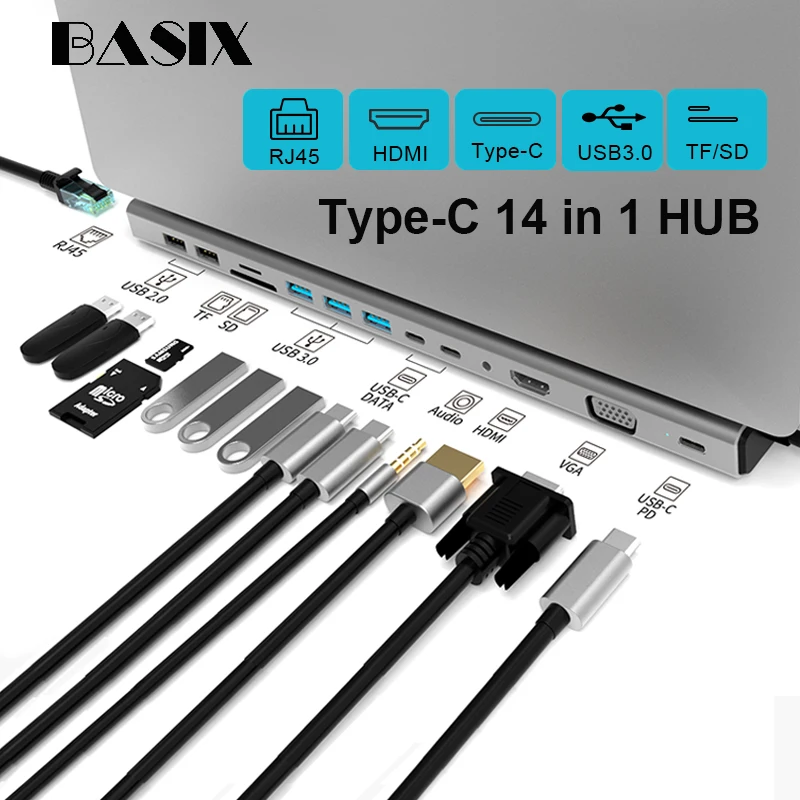 USB концентратор Basix типа C на 3 0 HDMI VGA RJ45 для MacBook Pro Air|USB-хабы| |