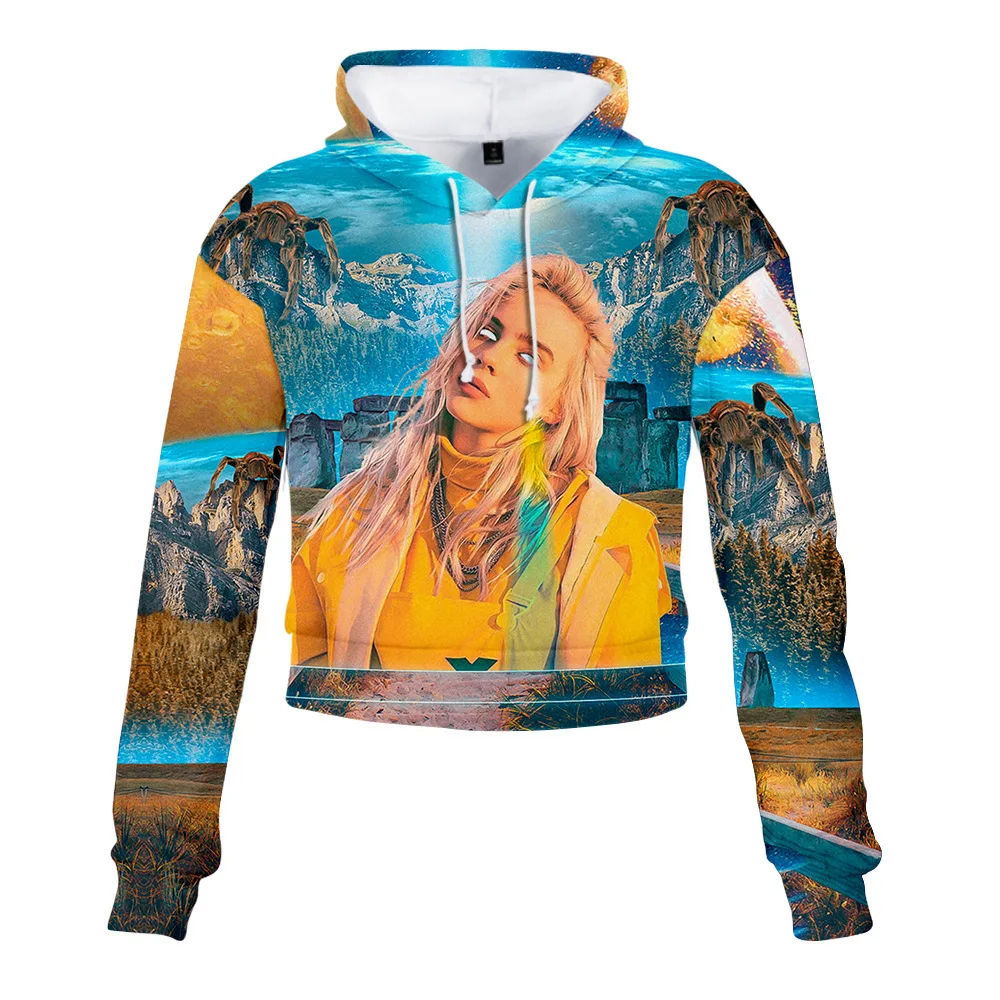 Billie Eilish сексуальные с высокой талией пупка укороченные топы для девушек Толстовка с капюшоном женские толстовки с 3D принтом модная спортивная одежда хип-хоп толстовки