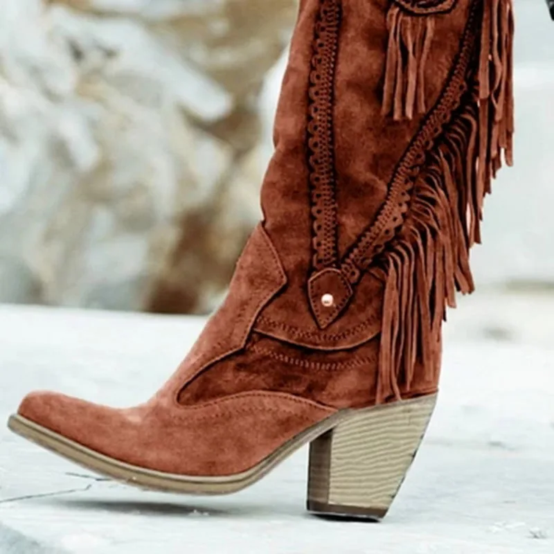 

Tassel Boots Women Mid-calf Low Heel Bohemia Style Motorcycle Boots Fringed Cowboy Boots Shoes Autumn Winter Boots