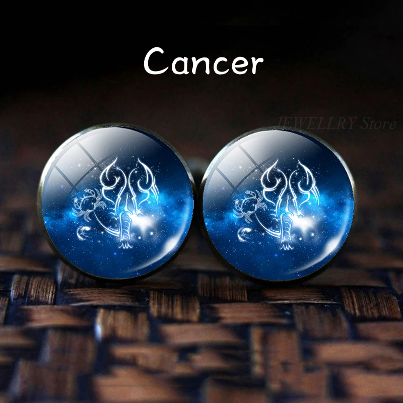 Cancer 12 созвездий стеклянная запонка из сплава Знаки зодиака серебряные Костюмные запонки звенья Мужская рубашка аксессуары подарок на день рождения - Окраска металла: Cancer