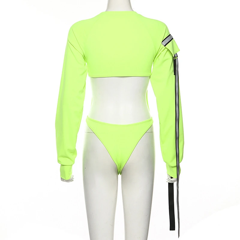 Women Neon Green Bodysuit High Street Skinny Reflective Long Sleeve Hollow Out Jumpsuit Fashion Female Sexy Stretch Bodysuit