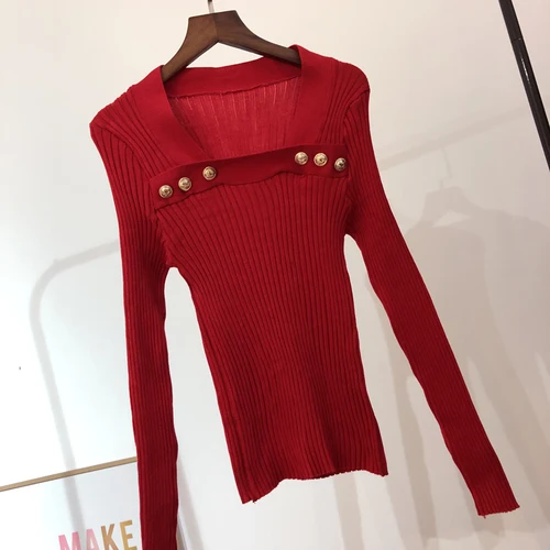 Стрейчевый женский свитер, Осенний шикарный сексуальный облегающий вязаный свитер с квадратным воротником, Свитера с длинным рукавом, женский джемпер, пуловер - Цвет: Красный