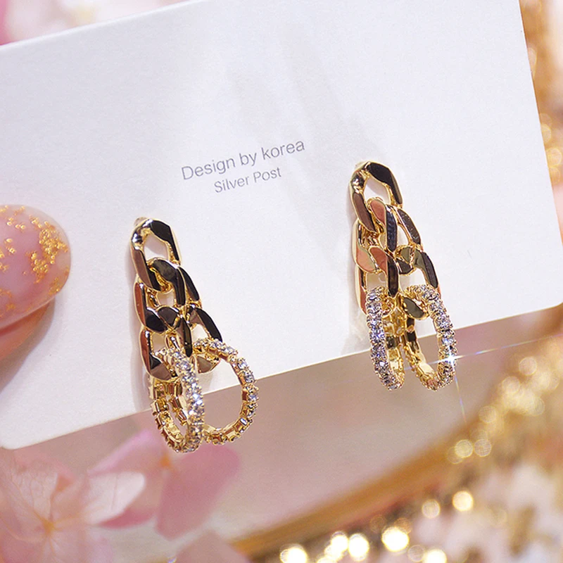 Vintage Elegant 14k Real Gold Chain Ring Drop Earrings for Women S925 Silver Needle Stud High Quality Jewelry AAA Zirconia Party | Украшения