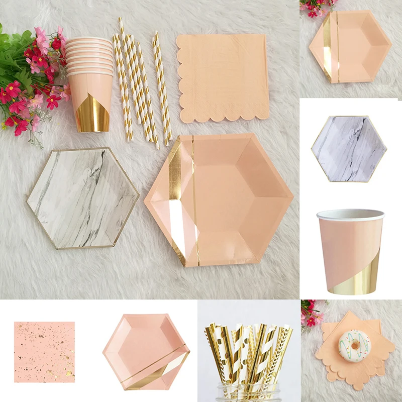 

Rose Gold Party Disposable Tableware Set Party Paper Cups Plates Straws Party Table Decoration Wedding Birthday Party Supplies