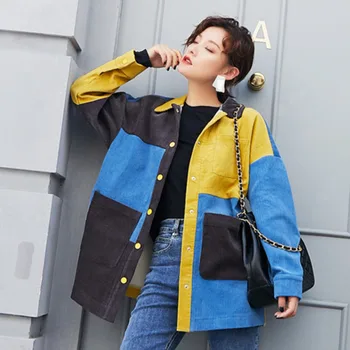 

LANMREM 2020 Corduroy Jacket Female Spring New Loose Retro Lapel Single-breasted Contrast Color Stitching Cardigan 19B-a383