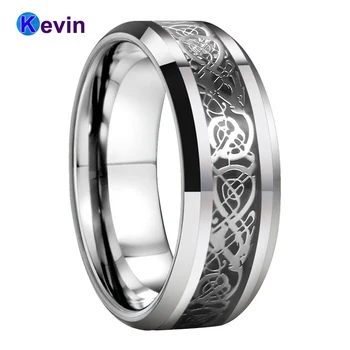 

8MM Tungsten Ring Men Women Wedding Band With Black Carbon Fiber And Steel Dragon Inlay Comfort Fit