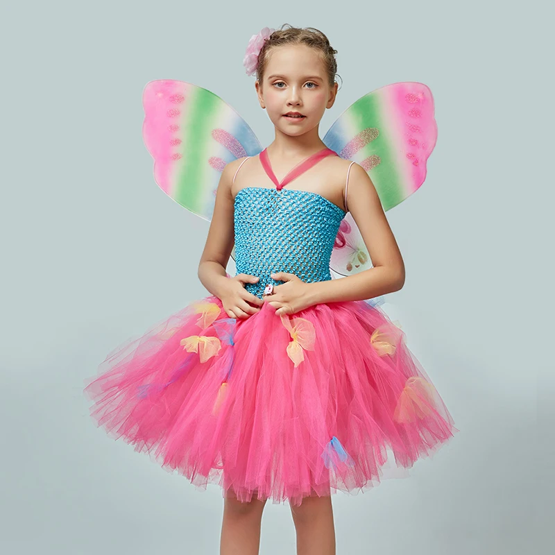 Bright Rainbow Fairy Girls Tutu Dress with Butterfly Wing Kid Pixie Party Halloween Birthday Costume Pageant Princess Dress (6)