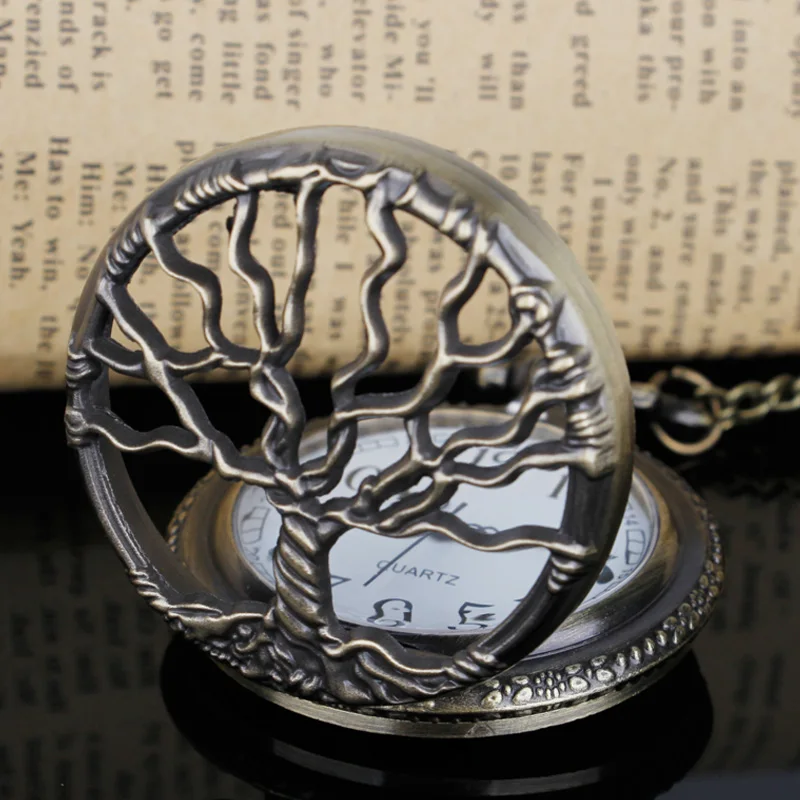 

Vintage Retro Bronze Hollow Tree Design Quartz Pocket Watch With Fob Chain Women Watch Pendant Necklace Chain Men Gift CF1088