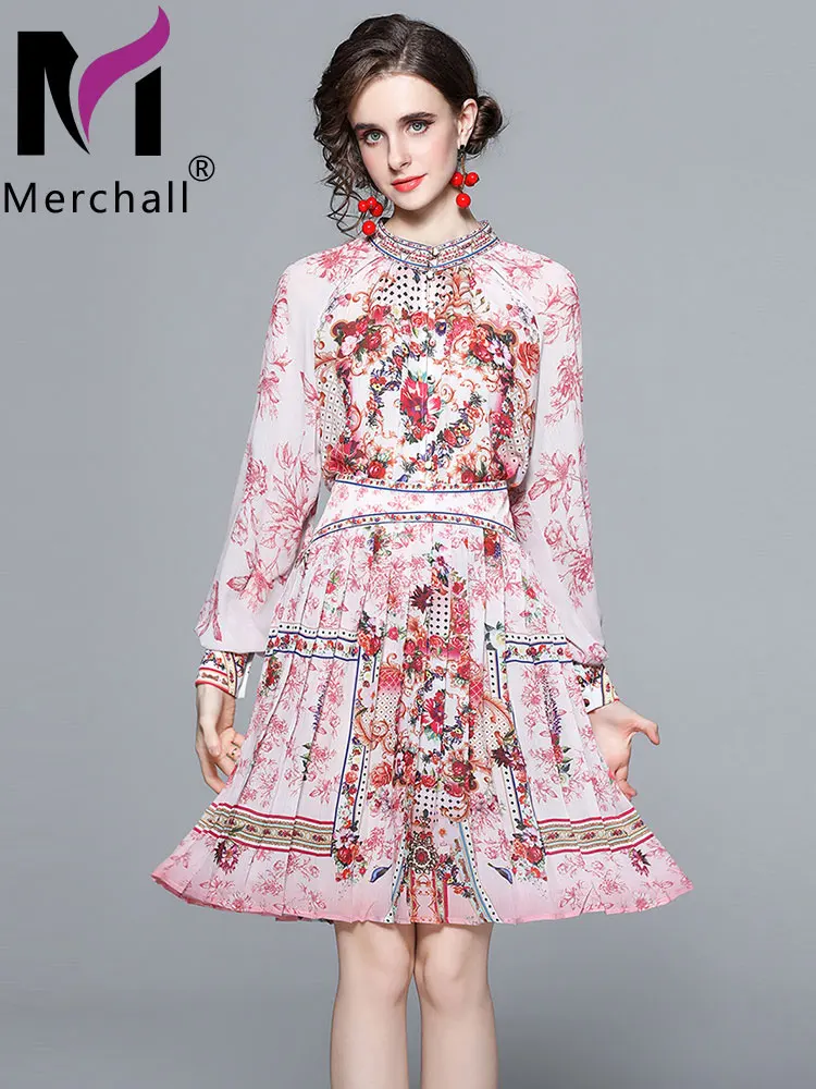 

Runway Vintage Flower Print Two Piece Sets Women O Neck Lantern Sleeve Top + A Line Pleated Skirt Spring Summer Set Suit M61213