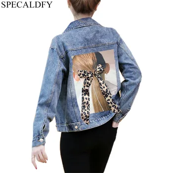 

S-5XL Harajuku Bow 3D Portrait Print Denim Jackets Women Long Sleeve Elegant Short Jeans Coat Plus Size Coats Outwear