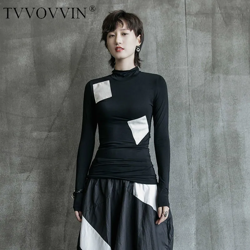 Tvvovwin тонкая плиссированная футболка Женская корейская мода новинка с высоким воротом облегающее лоскутное аппликации Осенняя элегантная новая футболка D406