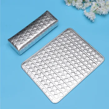 

Soft Square Nail Salon Cushions Set Heart Pattern Hand Pillow Pad PU Leather Manicure Wrist Rest (Silver)