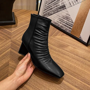 

2020 Autumn Winter Women pleated Boots Genuine Leather Zipper High Heels ankle boots Party Casual Shoes Woman
