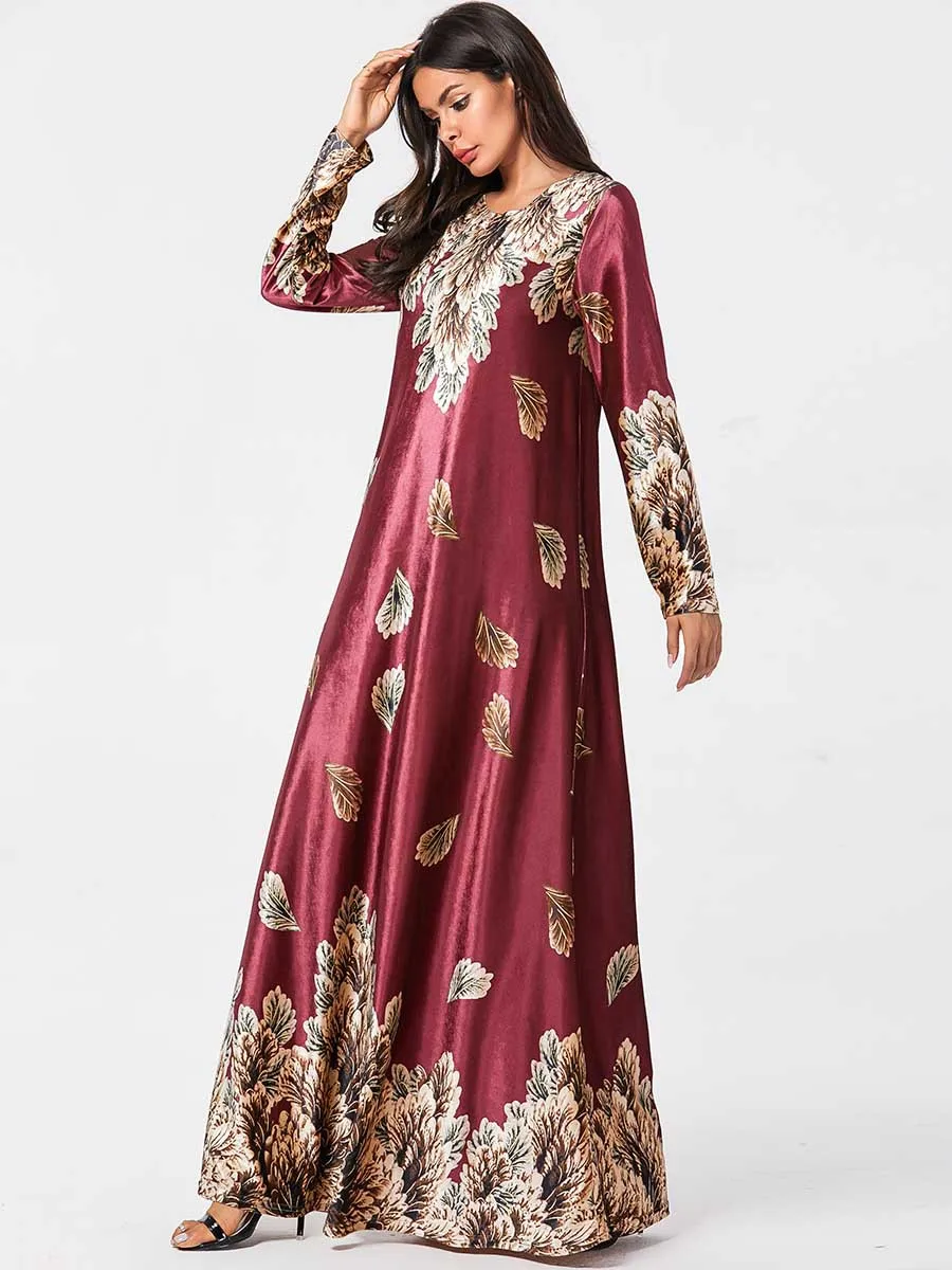 Abaya, Дубай, модное женское фиолетовое бронзовое платье большого размера с длинным рукавом и принтом растений, Осеннее мусульманское повседневное Золотое бархатное Макси платье