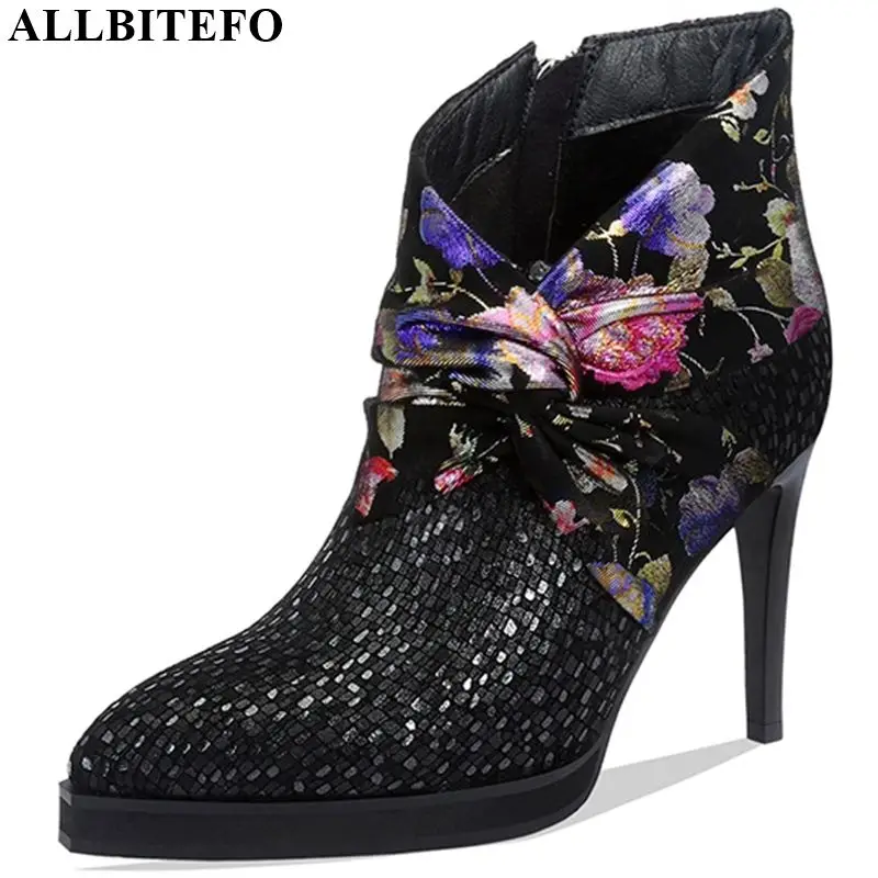 

ALLBITEFO high heel women boots natural genuine leather simple style ankle boots comfortable pointed toe Elegant fashion boots