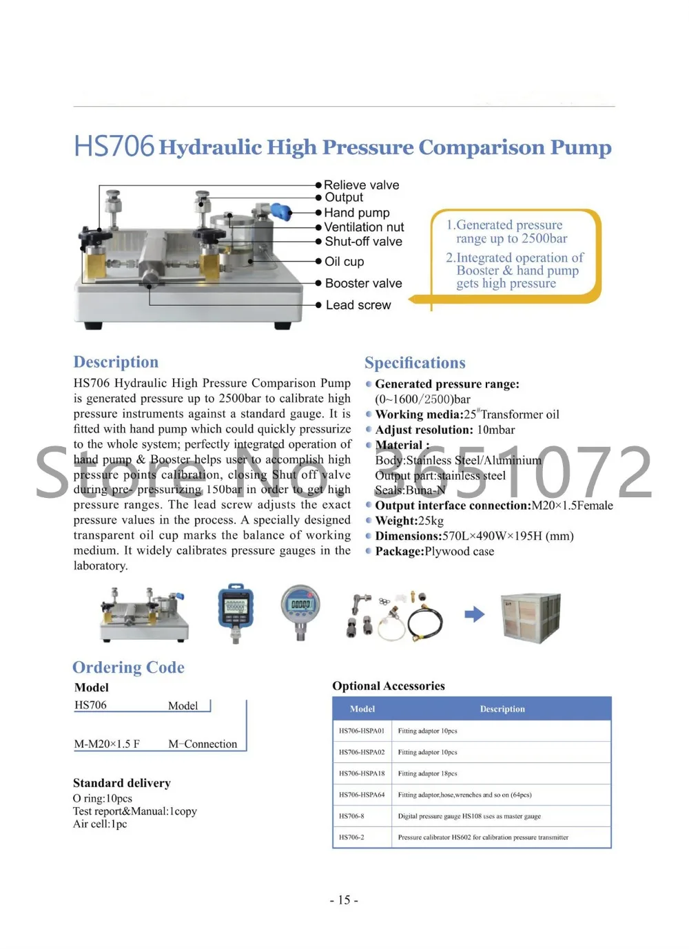 HS706 hydraulic high pressure comparison pump with pressure range 0 to 2500 bar
