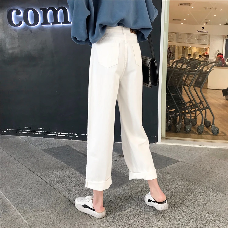 Photo Shoot Spring And Summer Korean-style Hong Kong Flavor Retro BF Style Casual High-waisted Students Loose Straight Wide-Leg