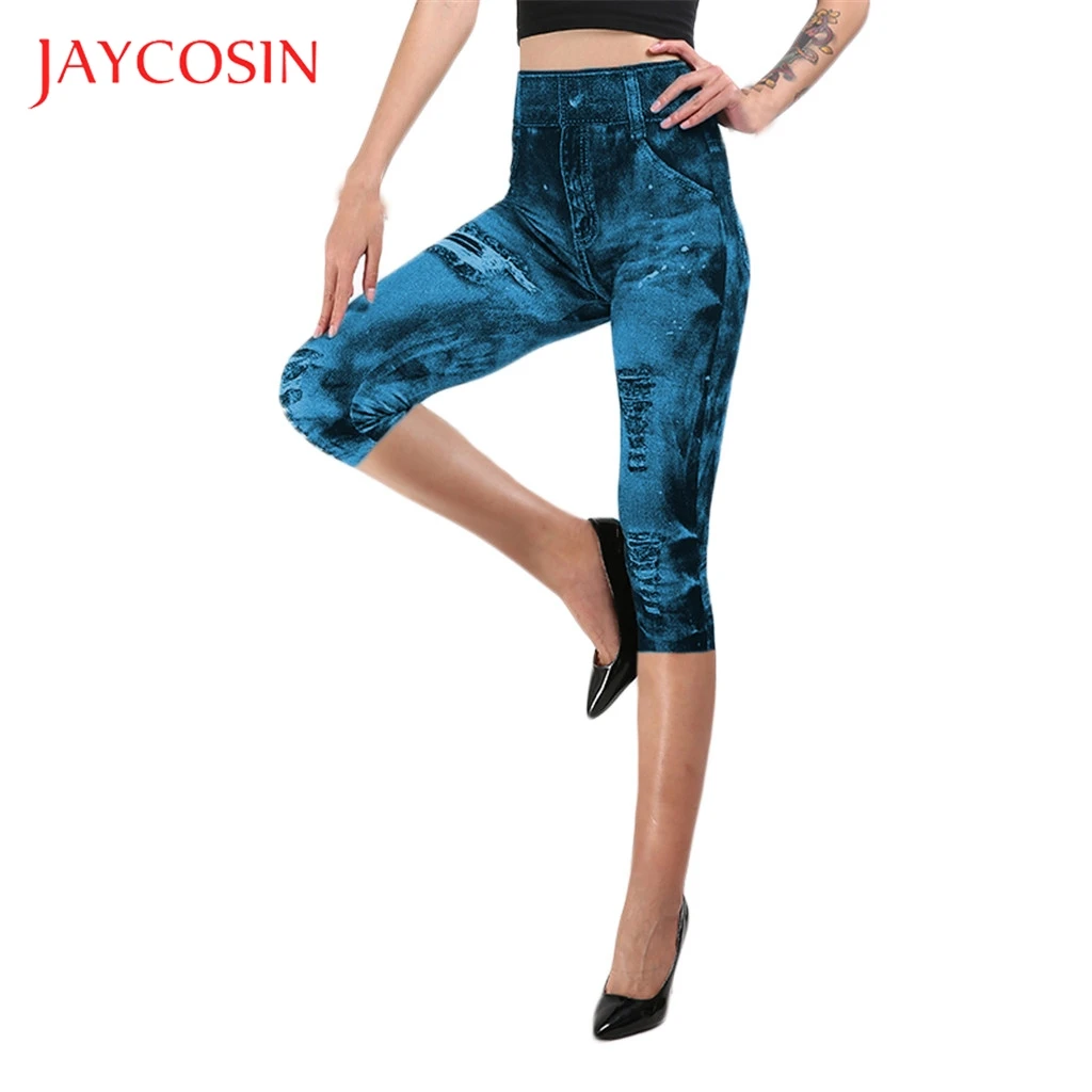 

JAYCOSIN Women's Jeans Hollow Printing High Waist Elastic Wear Retro Seven-cent Pants Printed Tight Pants Women's Jeans 729#2