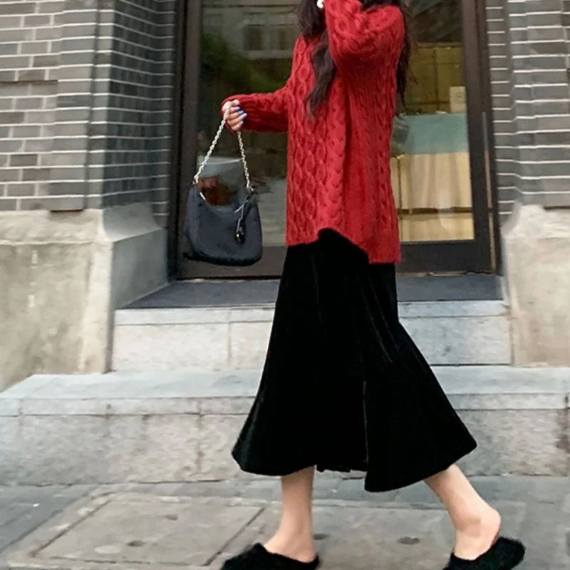 6136# Autumn Winter Black Velvet Maternity Skirts Elastic Waist Belly A Line Skirt Clothes for Pregnant Women Chic Ins Pregnancy