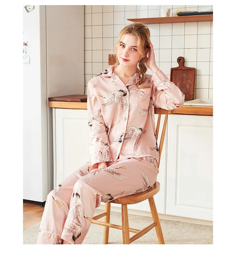 2019 осенние женские пижамные комплекты с цветочным принтом, модные роскошные женские рубашки из искусственного шелка + штаны, ночная одежда