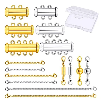 

16 Pieces 3 Sizes Slide Clasp Locks Tube Multi Strands Clasps Magnetic Lobster Clasps and Chain Extenders with Storage Box