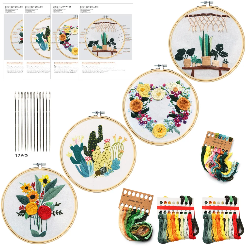 DIY Flowers Embroidery Material Package Beginner Non-finished Product  Flower Embroidery Cloth Threads Tools Kit Decor Artwork