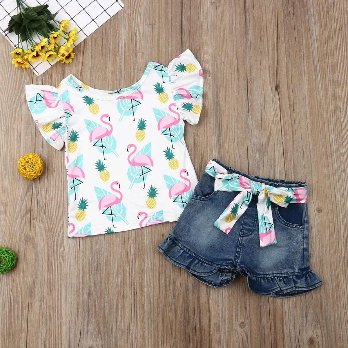 Летний модный комплект одежды для маленьких девочек, топы с принтом фламинго и арбуза, футболка джинсовые шорты, одежда