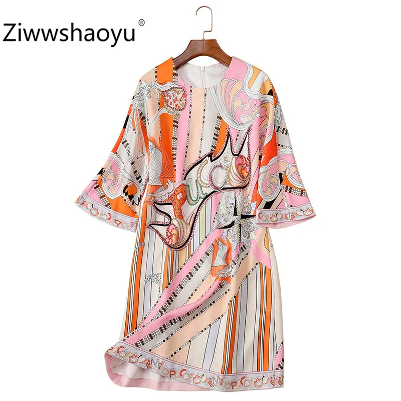 Ziwwshaoyu New Autumn Geometric Print Loose Dress Women's Fashion Half Sleeve Crystal Beading luxury Dresses