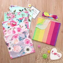 Хлопчатобумажное одеяльце для новорожденных, мягкое Пеленание младенца с цветочным принтом, Пеленание младенца, пеленание и повязка на голову