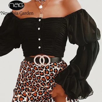 

NewAsia Ruched Vintage Blouse Women Chiffon Puff Sleeve Blouses Slash Neck Off Shoulder Clothes Solid Long Sleeve Tops Streetwea
