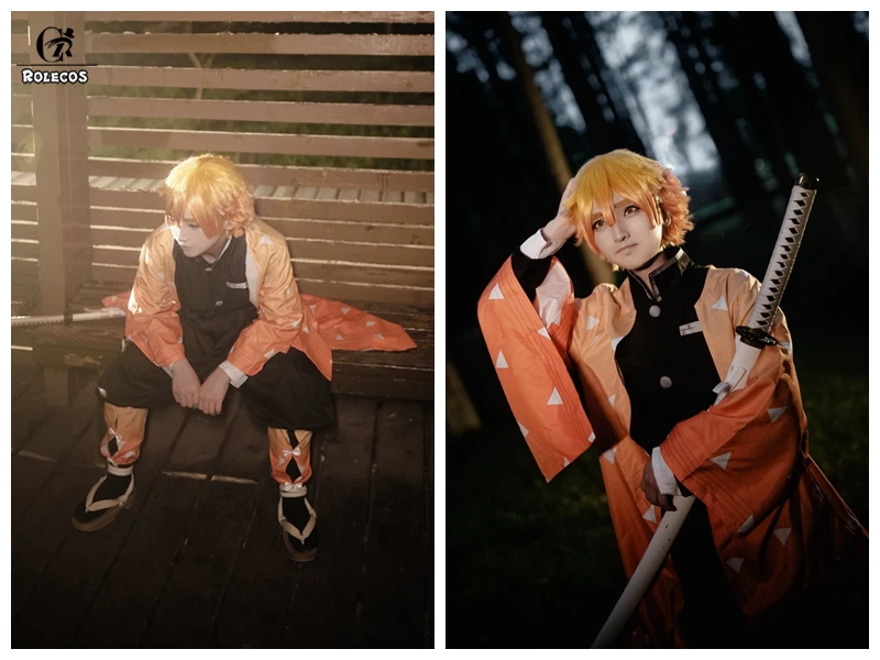 ROLECOS Аниме Костюм Kimetsu no Yaiba Косплей демона Slayer Agatsuma Zenitsu косплей костюм Мужчины