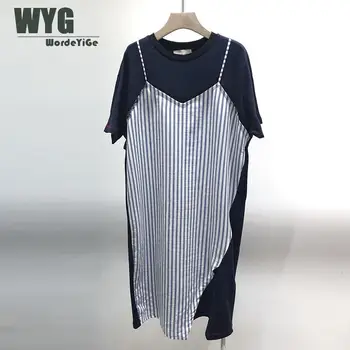 

Unique Designer Fake 2 Piece Shirt Dresses 2020 Summer New Stripes Lace Patchwork Short Sleeve Ladies Big Size Loose Dress