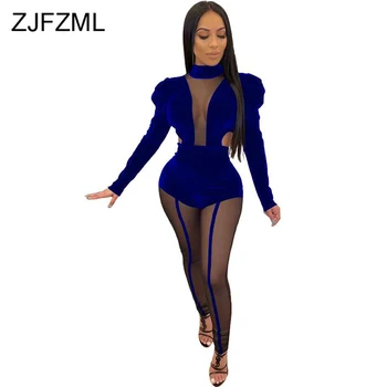 

Mesh Patchwork See Through Bodysuits Women High Necked Puff Sleeve Party Romper Vintage Female Velvet Velour One Piece Jumpsuit